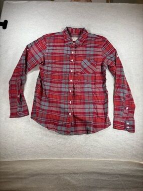 Marine Layer Women’s Red Gray Plaid Roll Tab Sleeve Button Down Shirt Size Large